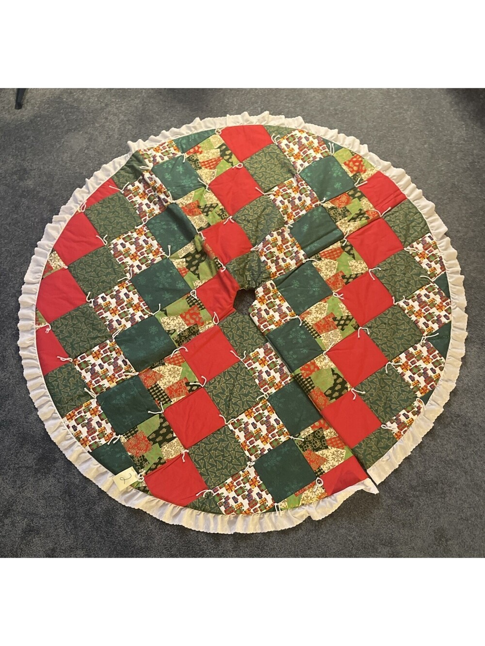 Handmade Quilted Christmas Tree Skirt w/ White Lace Edge,  60" Diameter